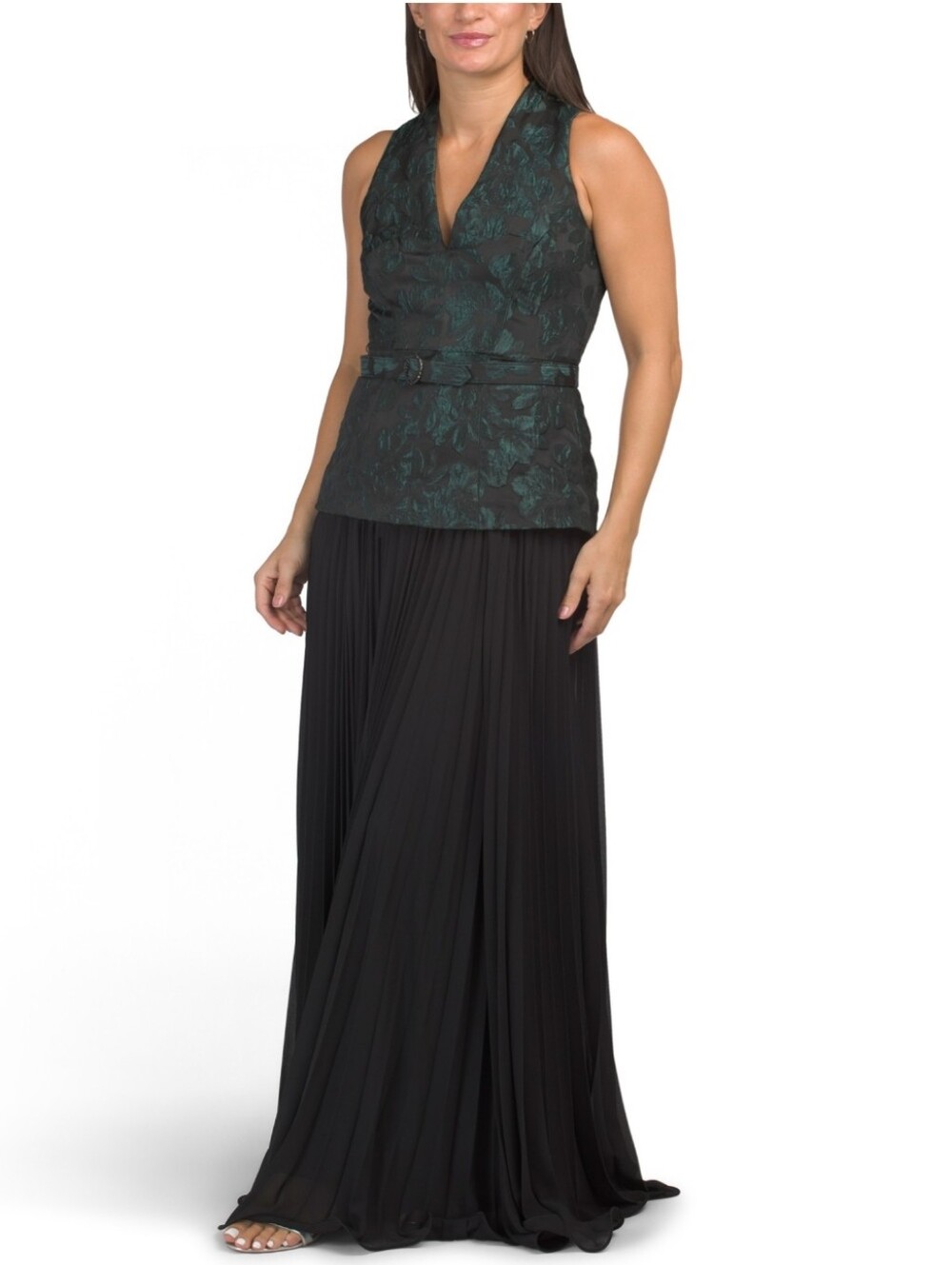 Taylor Women's Green Brocade Chiffon Dropped Waist Pleated Skirt Gown